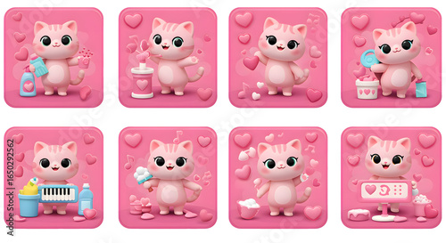 Cute Pink Kitty Cleaning and Relaxing App Icons