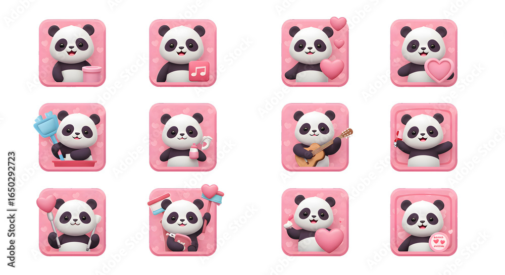 Obraz premium Cute Panda App Icons Set, Lovely Design