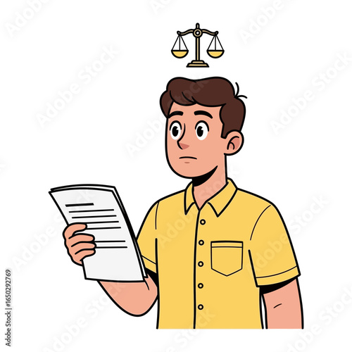 Weighty Thoughts: An individual grapples with decision, a symbol of justice hovering above as he reviews crucial documents