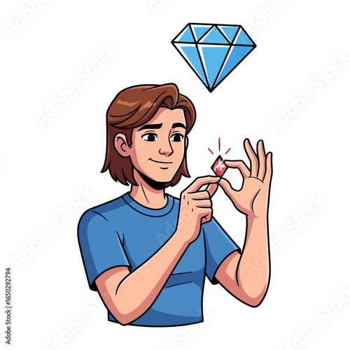 Examining the Gemstone: A person carefully examines a gemstone, with a diamond above indicating the allure of this precious stone. Depicting fascination and a keen eye for beauty.