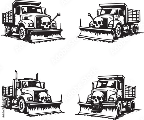 Four black and white vector illustrations of dump trucks with skull fronts and snow plows vehicle