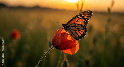 Monarch Butterfly on Poppy: The image captures a monarch butterfly delicately perched on a vibrant red poppy in a sun-kissed field.