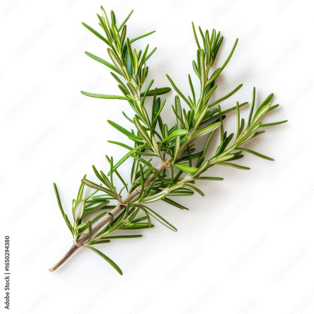 Fototapeta premium Fresh rosemary sprig, vibrant green sprigs on white