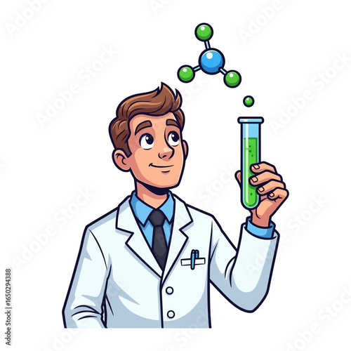 Scientist's Revelation: A visionary scientist, absorbed in his work, gazes upward at a molecular model while holding a vial of vivid green liquid in a bright laboratory.