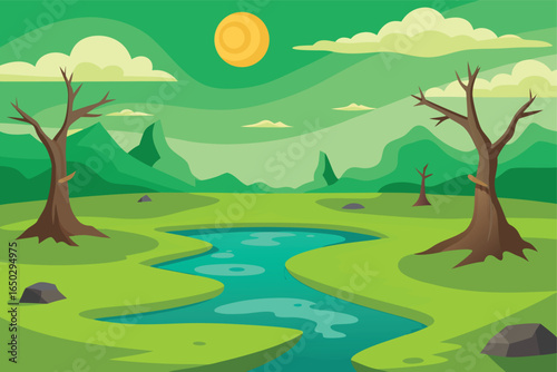 Cartoon Toxic Wasteland With Bubbling Green Lakes