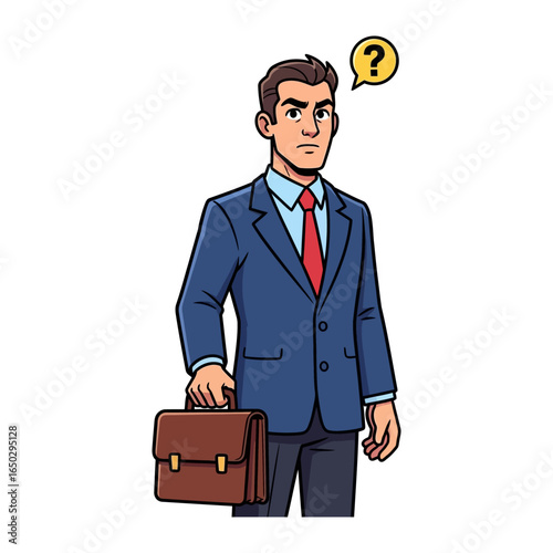 Man in Business Attire: A distinguished man, formally attired in a business suit, stands thoughtfully, holding a briefcase, with a question mark bubble, perfect for conveying confusion or uncertainty.
