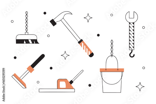 Collection of cleaning and maintenance tools on a white background broom