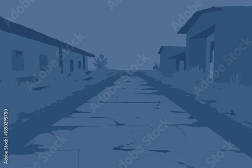 Dark Blue Illustration of Cracked Road Between Dilapidated Buildings path street