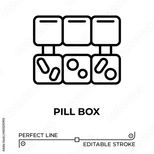 Vector line icon related to pill box. Perfect Line. Editable Stroke.