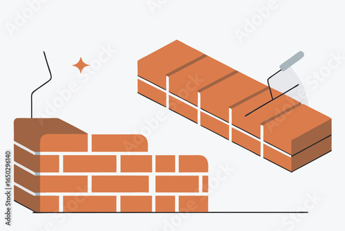 Illustration of Bricklaying with Trowel and Unfinished Wall construction building