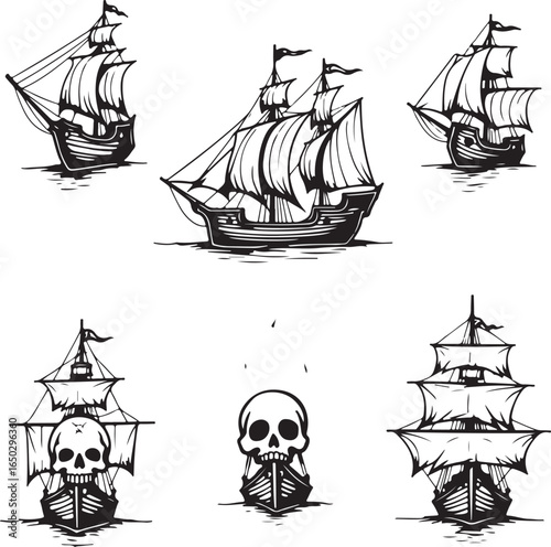 Six black and white pirate ship illustrations with skull designs and water sailing ship nautical