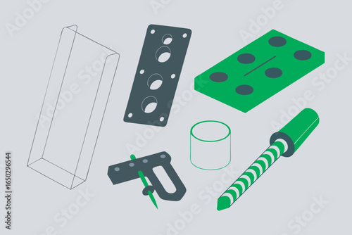 Isometric view of construction and DIY components tools hardware