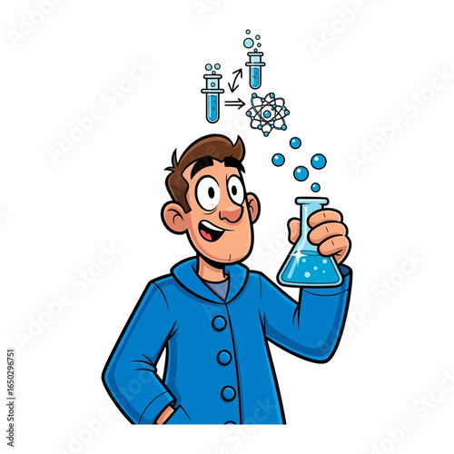 Scientific Discovery: An illustration captures a scientist's enthusiastic exploration, holding a conical flask as abstract concepts dance above, highlighting scientific innovation and research.