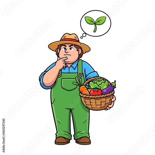 Thoughtful Harvest: A farmer, wearing a straw hat and green overalls, contemplates the future of a sprout, holding a basket filled with freshly harvested vegetables.