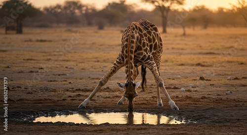 A giraffe bending down to drink from a small pool of water in a dry african landscape at sunset