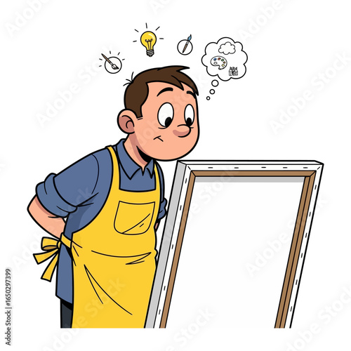Artistic Contemplation: A focused artist gazes at a blank canvas, his mind buzzing with ideas, creativity sparking as he prepares to bring his imagination to life. 