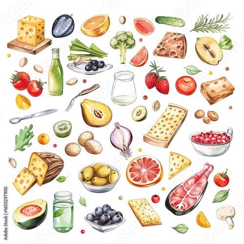Watercolor illustration of assorted food items
