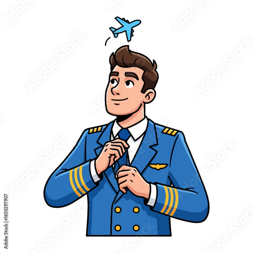 Pilot's Daydream: A captivating illustration portrays a pilot, envisioning flight with a playful airplane above his head, as he adjusts his uniform, radiating professionalism and aspiration.