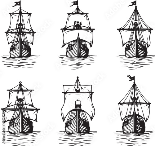 Six vintage sailing ships with detailed sails and flags on white background vintage ship old boat