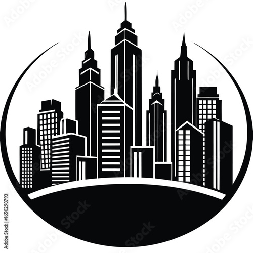 Modern city skyline with tall skyscrapers and towers at night