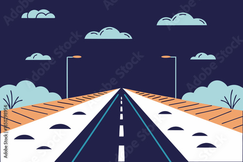 Stylized illustration of a road at night with streetlights and clouds highway asphalt