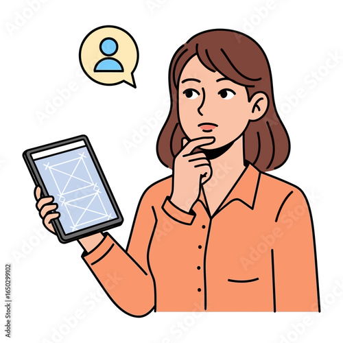Woman's thoughtful moment while working with tablet: The image showcases a woman absorbed in contemplation while holding a tablet. A thought bubble hovers above her head.
