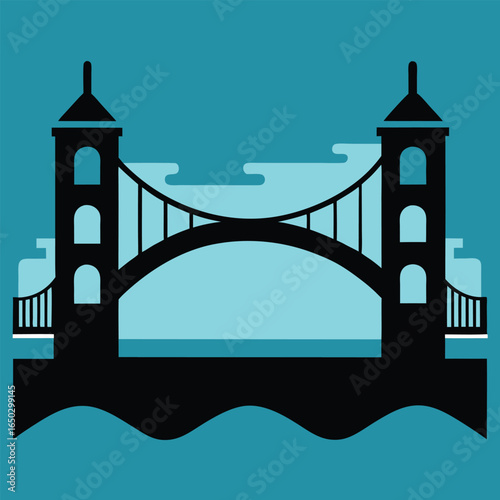 Minimalist silhouette of a modern bridge spanning calm water at dusk