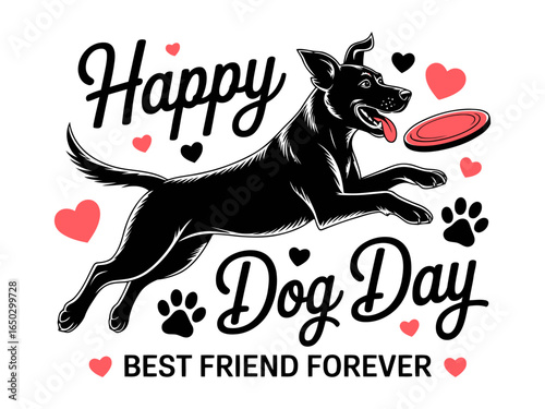 Joyful black dog leaping to catch a frisbee on happy dog day with hearts and paw prints