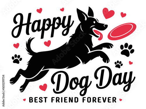 Joyful black dog leaping to catch a red frisbee on happy dog day with hearts and paw prints