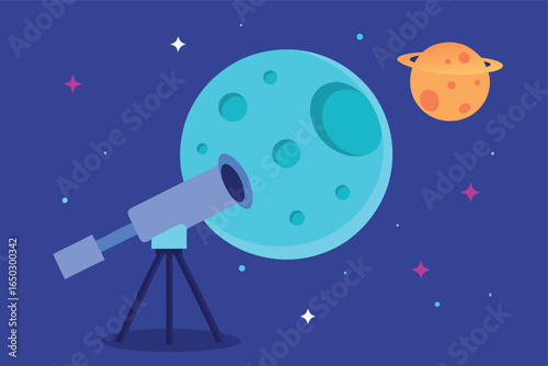 Comic Style Moon With Oversized Telescope And Observatory