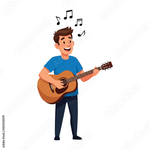 Musical Reverie: A happy individual is playing an acoustic guitar, singing, and the musical notes floating above his head, painted on a clean bright background.