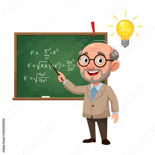 The Professor's Insight: A wise professor, with a bright idea, stands confidently before a blackboard showcasing complex mathematical equations.