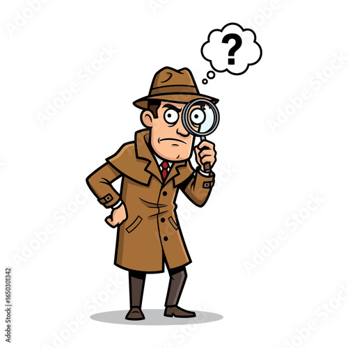 Detective's Deduction: A focused detective peers through a magnifying glass, contemplating a question mark above his head in a detective style of illustration.