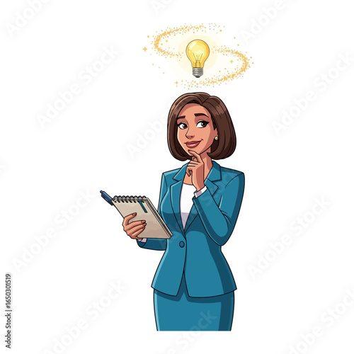 Idea Spark: An illustrated businesswoman, embodying creativity and inspiration, contemplates an idea, the image is about Innovation and generating ideas. 