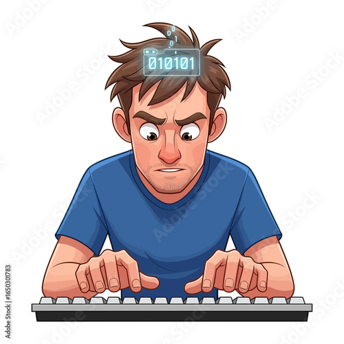 Tech Conundrum: An illustrative depiction of a focused individual intensely engaged with a keyboard, their mind buzzing with binary code, encapsulates the challenges of technology