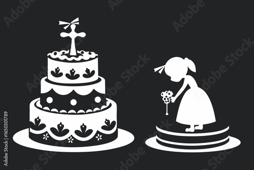 White Silhouette of a Three- Tiered Cake and a Girl with Flowers vector illustration