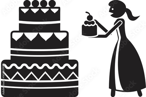 Woman holding a cupcake next to a tiered cake celebration dessert