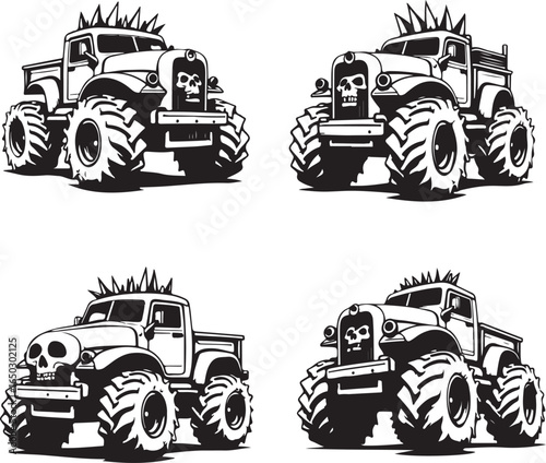 Four Black And White Monster Trucks With Skull Grilles And Spikes vehicle off road