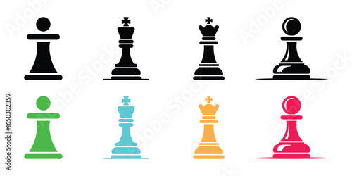 Colorful Chess Pieces Pawns and Kings in Black, Green, Blue, Orange, and Red