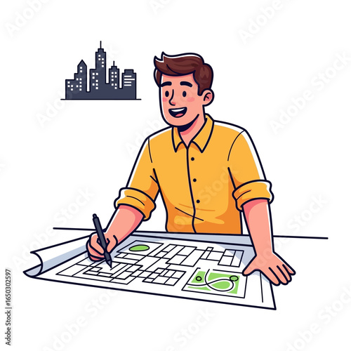 Architect at Work: An architect, with a focused expression, passionately works on detailed building plans, accompanied by a city skyline.