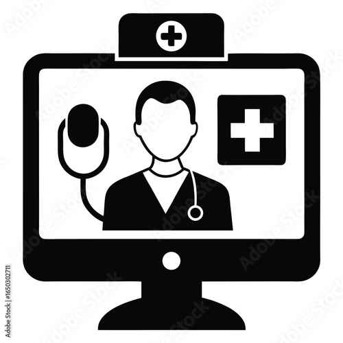 Telemedicine doctor patient video call silhouette illustration