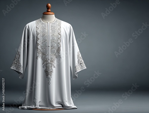 Elegant, embroidered, white robe on mannequin