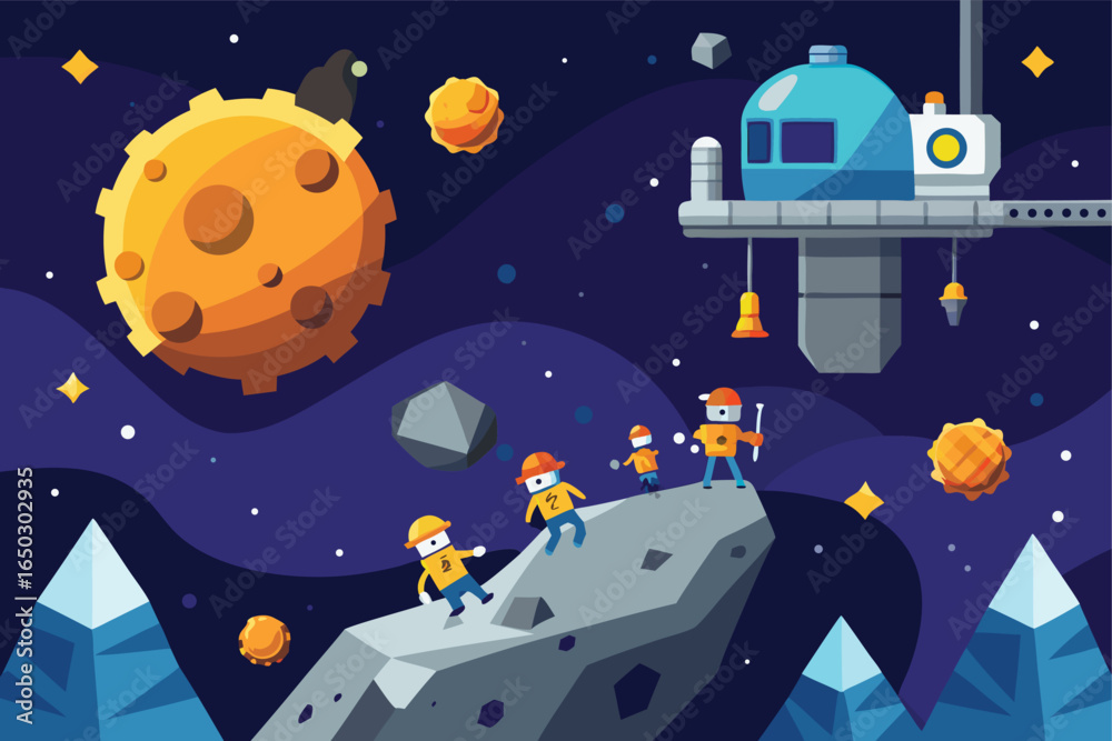Naklejka premium Fantasy Asteroid Field With Cartoon Mining Platform