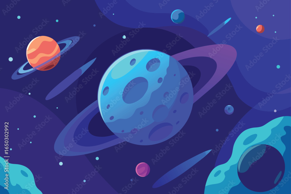 Naklejka premium Fantasy Galaxy With Asteroid Belt And Glowing Blue Nebula