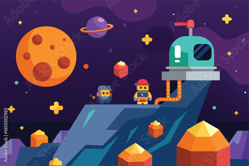 Cartoon Mining Operation In A Fantastical Asteroid Field