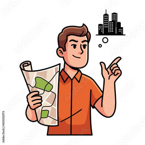 Urban Navigator's Vision: A stylish man charts his course through an urban landscape, envisions the towering city skyline with a city map.