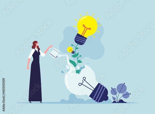 Opportunity to learn from mistakes concept, success solution, innovation from failure, businessman watering a plant from a broken light bulb, symbolizing innovation and growth from failure