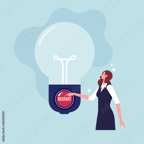 Rethinking to make changes for better results, restarting old ideas into new ideas, thinking of new ways to solve problems, entrepreneurs push restart button on idea light bulb