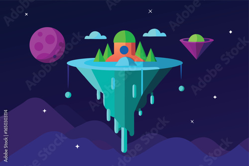 Celestial Island Adrift In Space With Crystal Falls