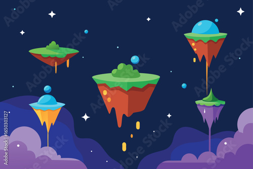 Floating Cartoon Islands In Space With Glowing Waterfalls